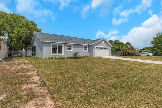 ranch-style house with concrete driveway, a garage, stucco siding, and a shingled roof