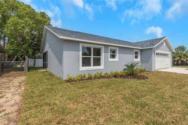 view of front of property featuring an attached garage, stucco siding, concrete driveway, and roof with shingles