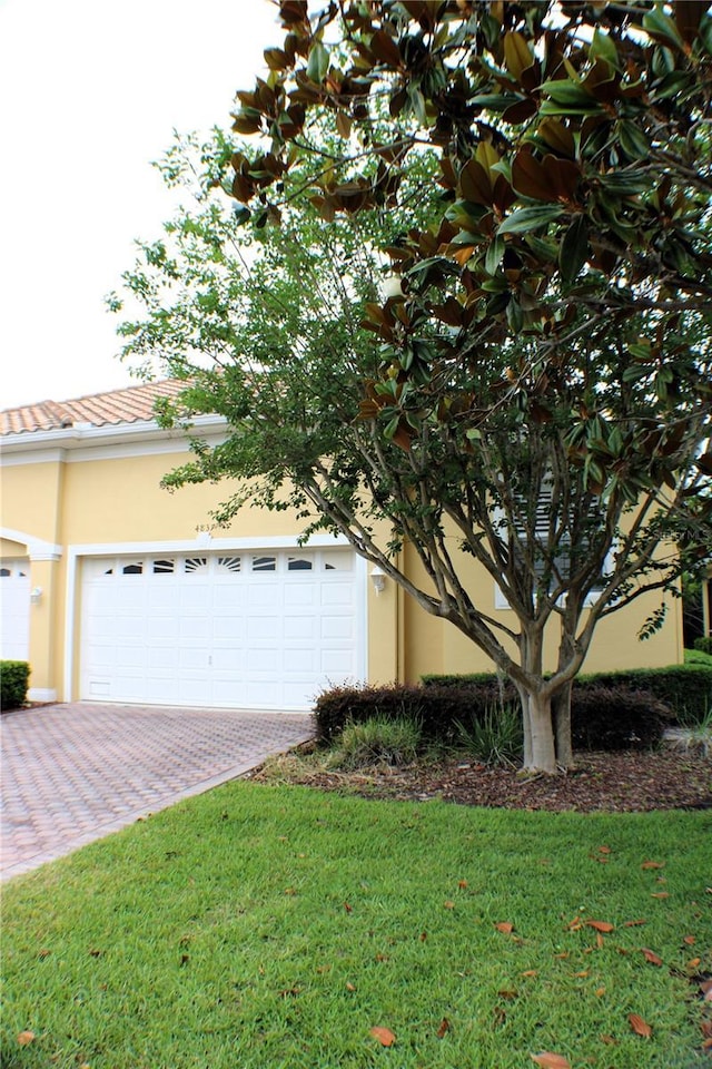 4837 Rainbow Race, New Port Richey, FL 34652 - obstructed view of property featuring stucco siding, driveway, and a front lawn