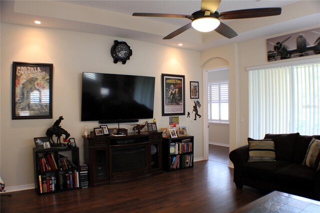 4837 Rainbow Race, New Port Richey, FL 34652 - living room featuring wood finished floors, baseboards, recessed lighting, and a ceiling fan