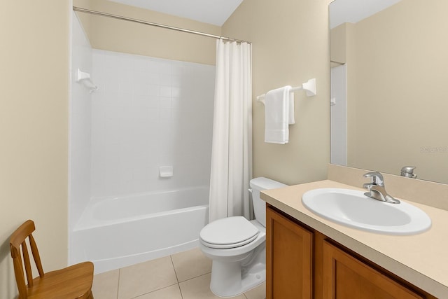full bath with tile patterned flooring, toilet, vanity, and shower / bath combination with curtain