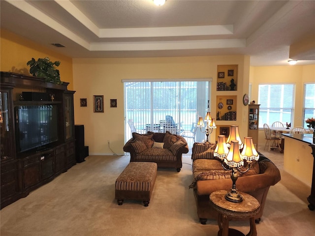 living area with a raised ceiling, light colored carpet, and healthy amount of natural light