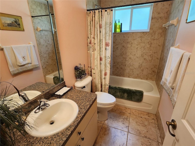bathroom with shower / tub combo, toilet, vanity, and tile patterned flooring