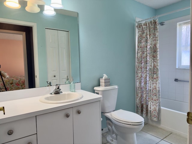 18109 Webster Grove Dr, Hudson, FL 34667 - bathroom featuring toilet, tile patterned floors, vanity, and shower / tub combo with curtain