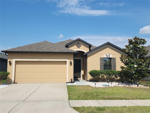 ranch-style house with stucco siding, concrete driveway, a garage, and a front yard