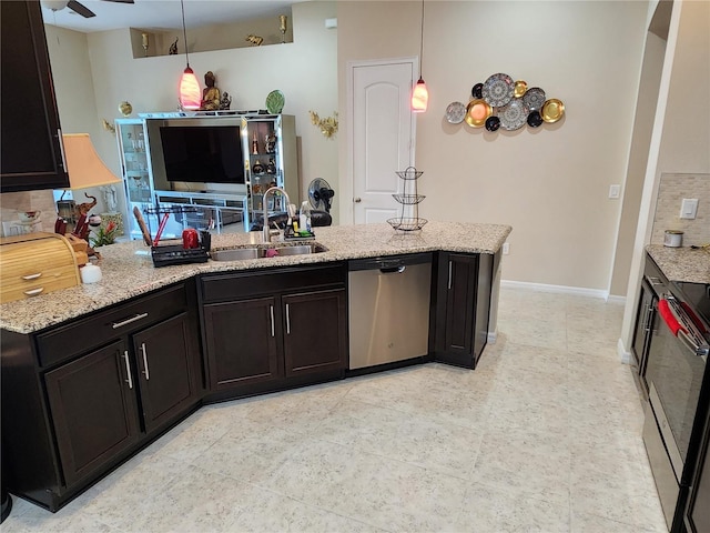 kitchen featuring stainless steel dishwasher, a sink, a peninsula, light stone countertops, and pendant lighting