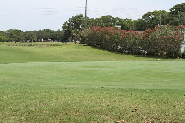 view of community with a yard, golf course view, and view of scattered trees