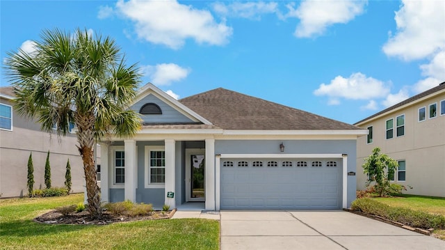 11401 Quiet Forest Dr, Tampa, FL 33635 - view of front facade featuring concrete driveway, a garage, stucco siding, a front lawn, and roof with shingles