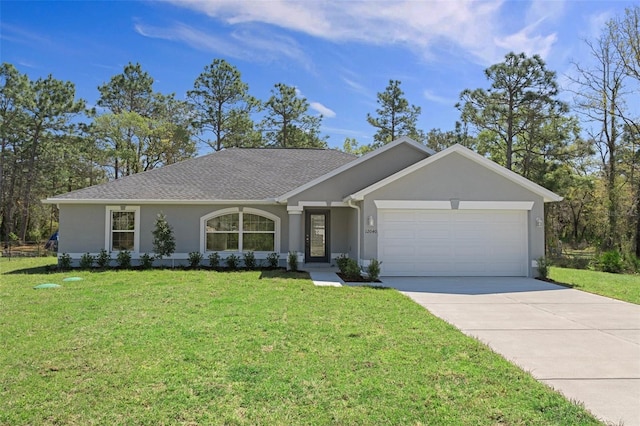 single story home featuring stucco siding, a garage, concrete driveway, a front yard, and a shingled roof