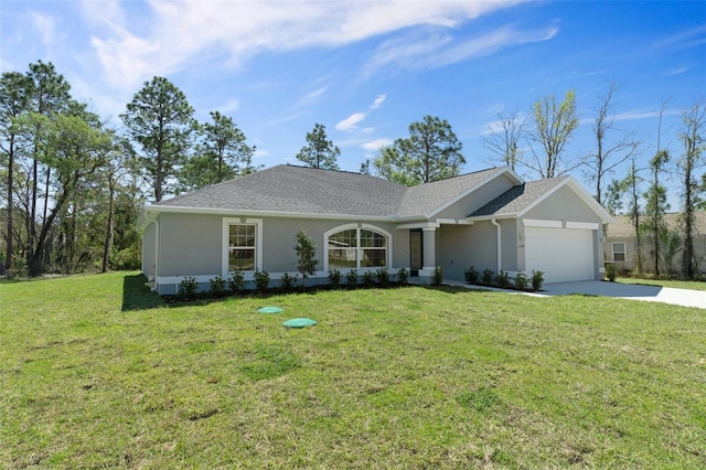 ranch-style home featuring an attached garage, stucco siding, concrete driveway, and a front lawn