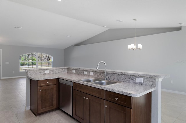 kitchen featuring a sink, dishwasher, vaulted ceiling, light countertops, and a chandelier