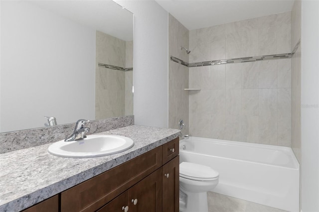 full bath with toilet, vanity, bathtub / shower combination, and tile patterned flooring