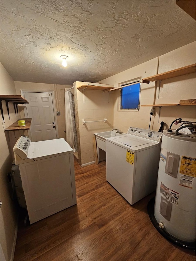 6339 Delaware Ave, New Port Richey, FL 34653 - washroom featuring water heater, washer / clothes dryer, dark wood-type flooring, concrete block wall, and a textured ceiling