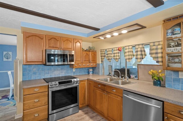 8021 Wildflower Row, Hudson, FL 34667 - kitchen with appliances with stainless steel finishes, a sink, light wood finished floors, brown cabinets, and a textured ceiling