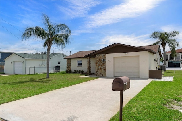 7520 Mako Dr, Hudson, FL 34667 - ranch-style home featuring driveway, an attached garage, central air condition unit, stucco siding, and stone siding