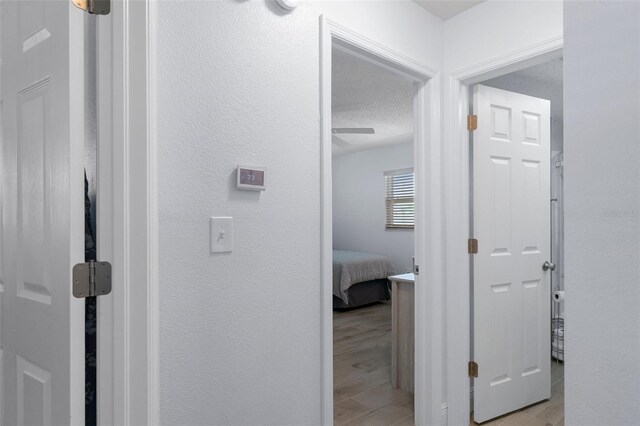 7520 Mako Dr, Hudson, FL 34667 - hallway featuring a textured ceiling, light wood-type flooring, and a textured wall