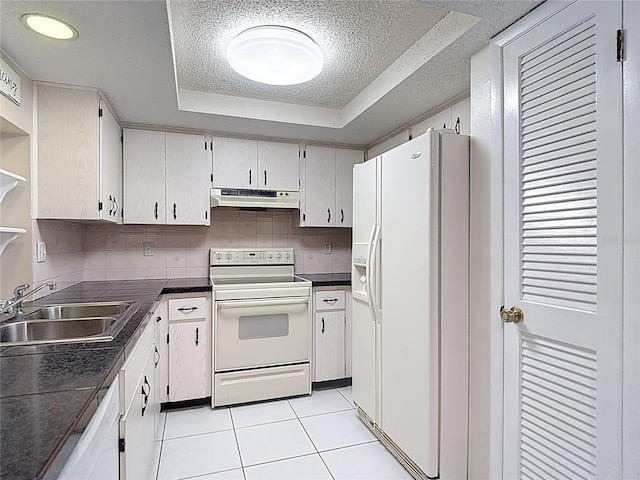 13003 Sandburst Ln, Hudson, FL 34667 - kitchen featuring white appliances, a raised ceiling, under cabinet range hood, dark countertops, and a sink