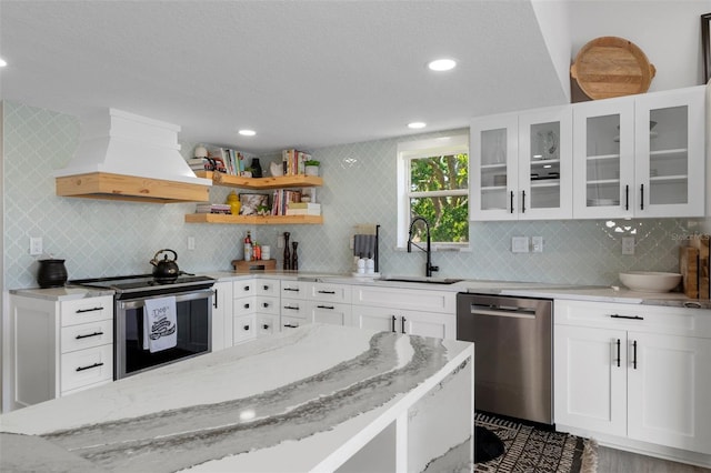 kitchen featuring stainless steel appliances, premium range hood, a sink, light stone counters, and decorative backsplash