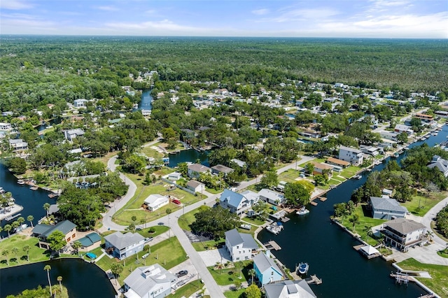 aerial overview of property's location featuring a forest, a large body of water, and nearby suburban area