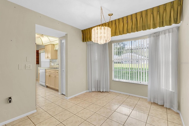 4837 Boonesboro Ct, New Port Richey, FL 34655 - unfurnished dining area with light tile patterned flooring, a chandelier, and baseboards