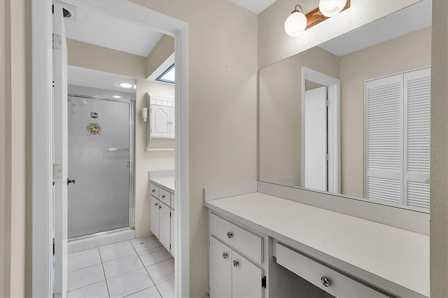 4837 Boonesboro Ct, New Port Richey, FL 34655 - full bathroom with vanity, a stall shower, and tile patterned flooring