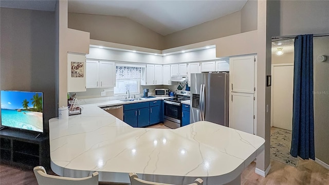 kitchen featuring stainless steel appliances, blue cabinetry, a sink, a peninsula, and light stone counters