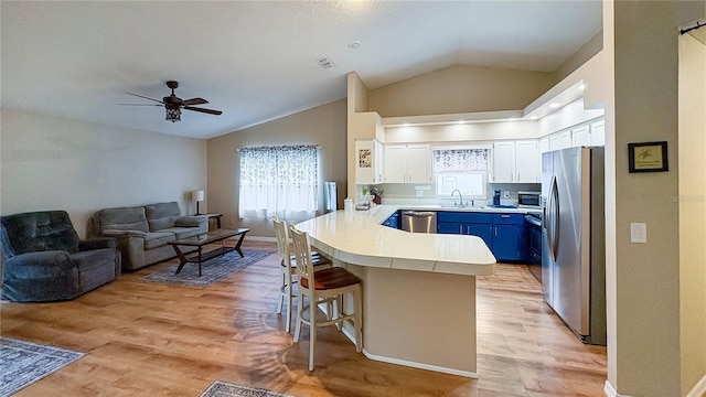 kitchen with stainless steel appliances, a peninsula, open floor plan, vaulted ceiling, and healthy amount of natural light