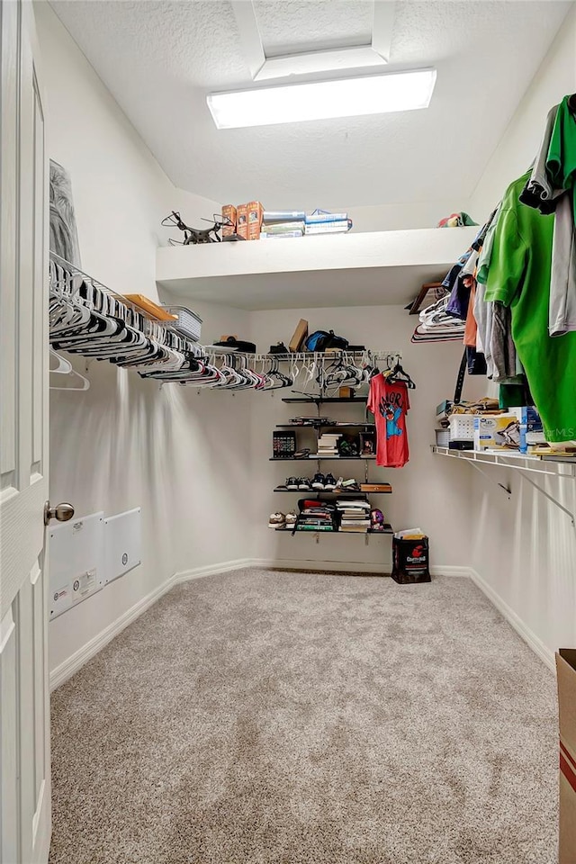 walk in closet with carpet flooring and attic access