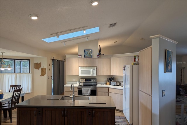 kitchen with white appliances, a sink, track lighting, a skylight, and a kitchen island with sink