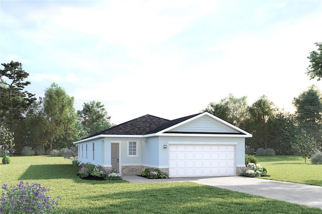single story home with stone siding, a front yard, a garage, and concrete driveway