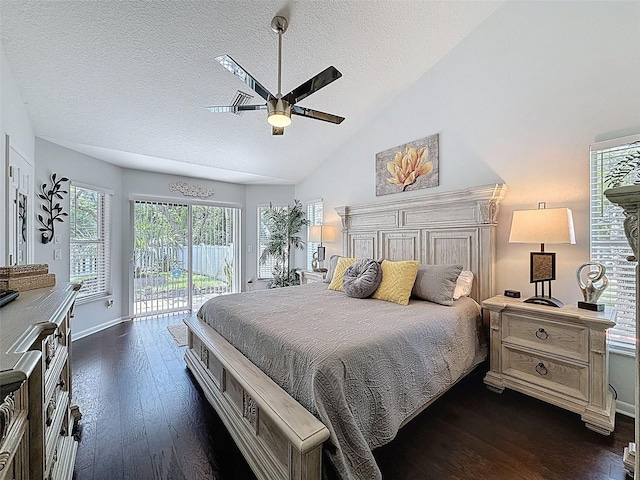 13627 Glaze Brook Dr, Hudson, FL 34667 - bedroom featuring access to exterior, dark wood-type flooring, a textured ceiling, baseboards, and a ceiling fan