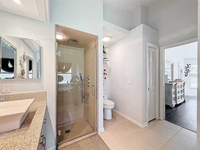 13627 Glaze Brook Dr, Hudson, FL 34667 - bathroom featuring a stall shower, tile patterned floors, toilet, and a closet