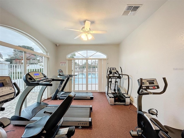 13627 Glaze Brook Dr, Hudson, FL 34667 - exercise room with a ceiling fan and baseboards