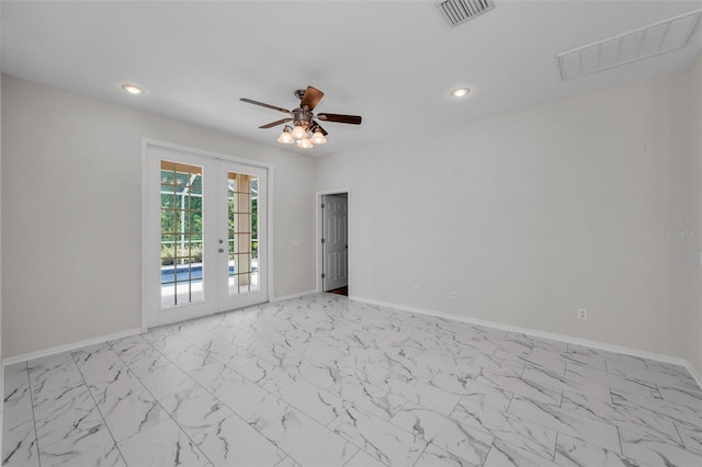 10344 Tecoma Dr, Trinity, FL 34655 - unfurnished room with french doors, light marble finish flooring, recessed lighting, baseboards, and ceiling fan