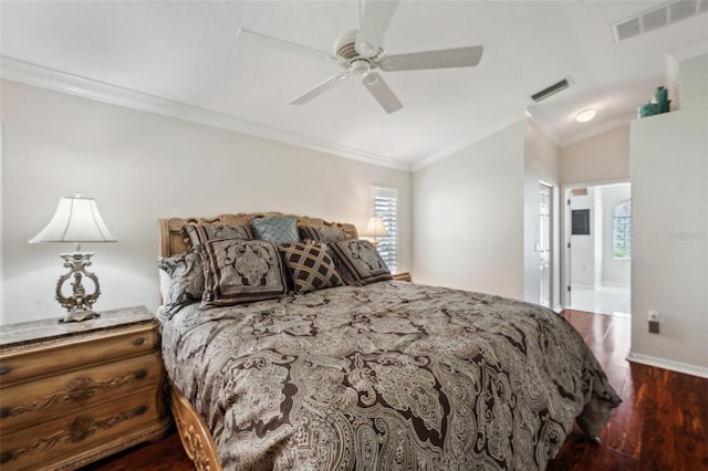 18520 Hidden Pines Way, Hudson, FL 34667 - bedroom featuring wood finished floors, crown molding, baseboards, ceiling fan, and lofted ceiling
