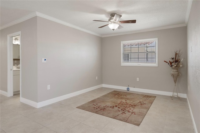 5045 Pelican Dr, New Port Richey, FL 34652 - unfurnished room with ornamental molding, a ceiling fan, light tile patterned flooring, and baseboards