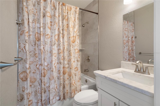5045 Pelican Dr, New Port Richey, FL 34652 - bathroom featuring vanity, a textured wall, shower / bath combo with shower curtain, and toilet