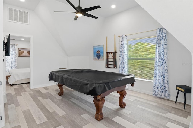 7422 New York Ave, Hudson, FL 34667 - rec room with lofted ceiling, a ceiling fan, billiards table, wood finished floors, and baseboards