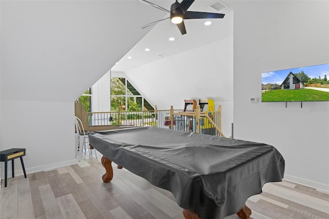 7422 New York Ave, Hudson, FL 34667 - rec room featuring wood finished floors, ceiling fan, billiards table, recessed lighting, and lofted ceiling