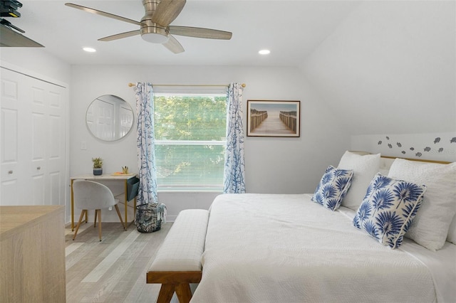 7422 New York Ave, Hudson, FL 34667 - bedroom featuring light wood finished floors, ceiling fan, recessed lighting, and lofted ceiling