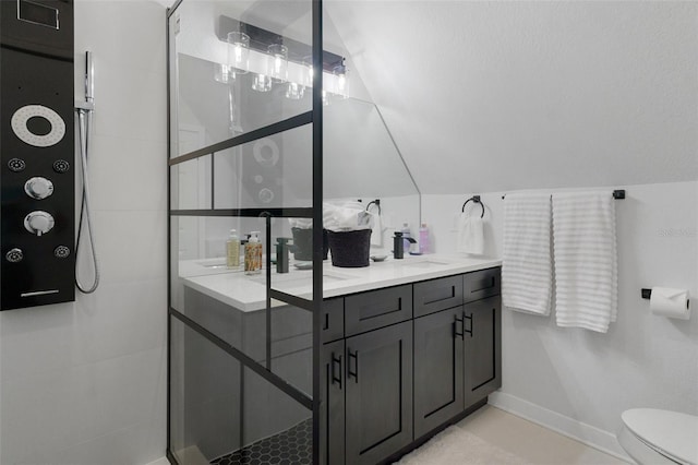 7422 New York Ave, Hudson, FL 34667 - full bath with double vanity, lofted ceiling, toilet, baseboards, and a tile shower