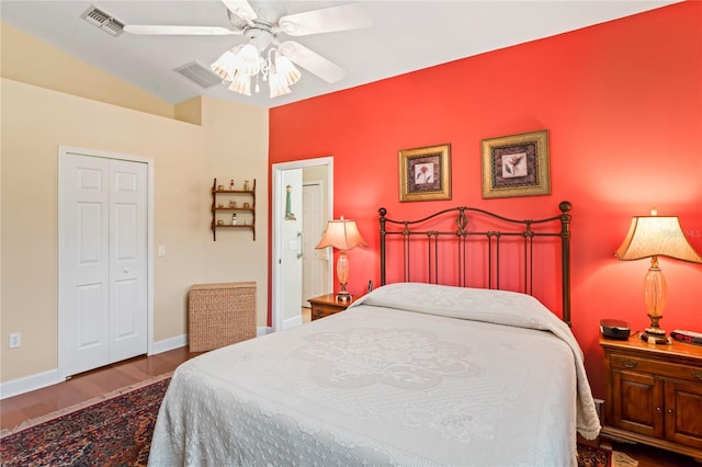 12071 Wexford Blvd, Spring Hill, FL 34609 - bedroom with wood finished floors, baseboards, a ceiling fan, and lofted ceiling