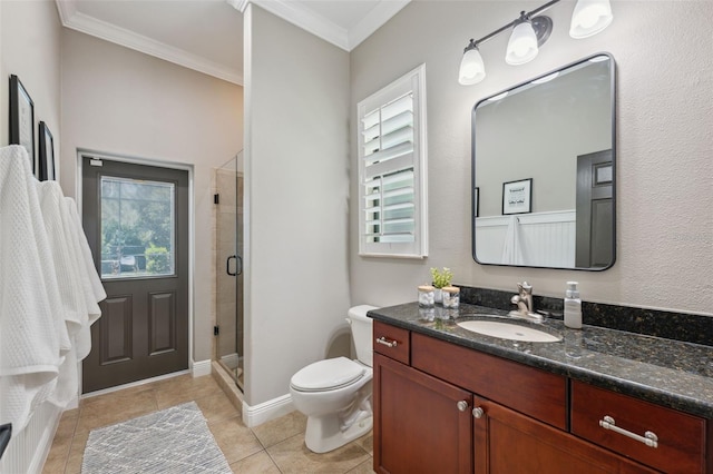 15413 Azra Dr, Odessa, FL 33556 - full bathroom with crown molding, toilet, healthy amount of natural light, a stall shower, and tile patterned flooring