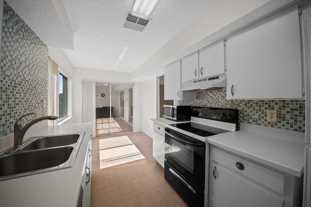 kitchen featuring black electric range oven, under cabinet range hood, stainless steel microwave, a sink, and a textured ceiling