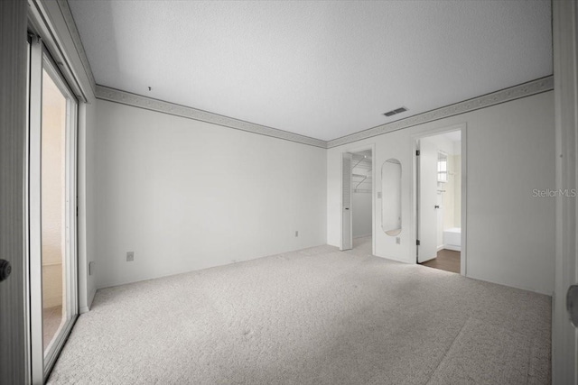 unfurnished bedroom with carpet floors, a textured ceiling, a closet, a spacious closet, and ensuite bath