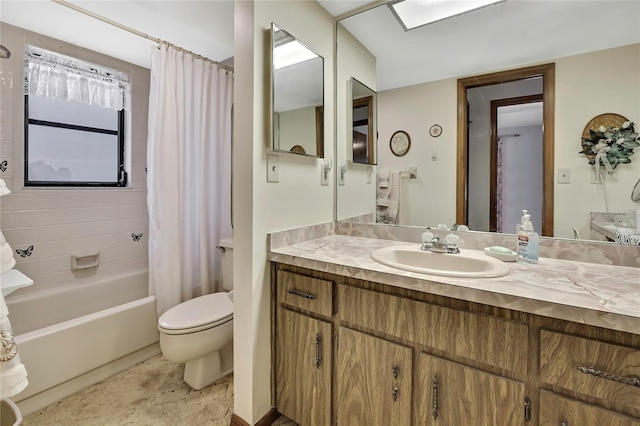 full bathroom with toilet, shower / tub combo with curtain, and vanity