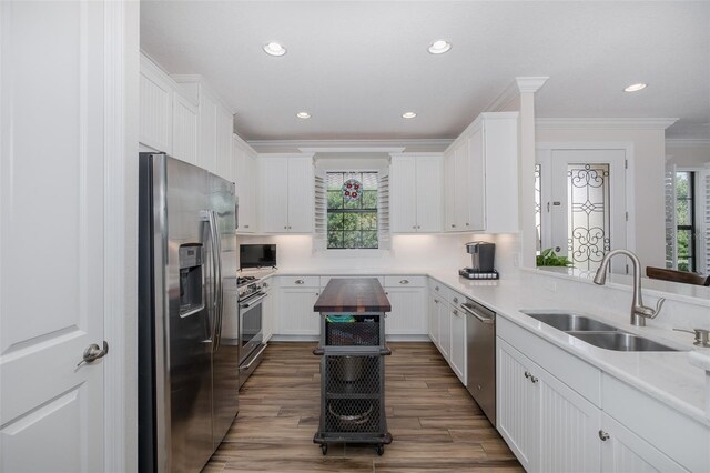 11611 Callisia Dr, Odessa, FL 33556 - kitchen featuring stainless steel appliances, a sink, crown molding, white cabinets, and light countertops