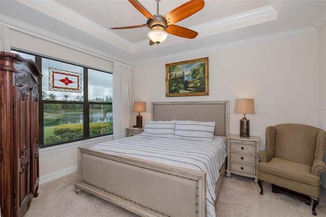 11611 Callisia Dr, Odessa, FL 33556 - bedroom featuring light carpet, ornamental molding, a raised ceiling, baseboards, and a ceiling fan