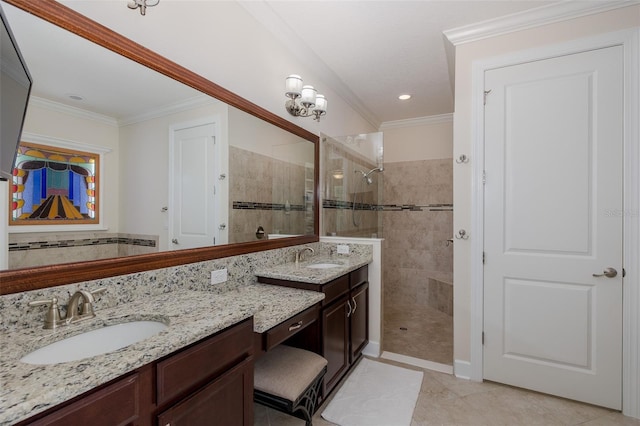 11611 Callisia Dr, Odessa, FL 33556 - bathroom with walk in shower, vanity, crown molding, and tile patterned flooring