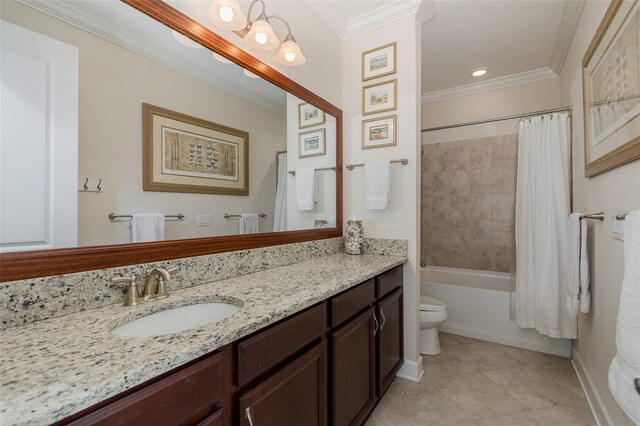 11611 Callisia Dr, Odessa, FL 33556 - full bathroom featuring toilet, vanity, ornamental molding, tile patterned floors, and shower / bath combination with curtain